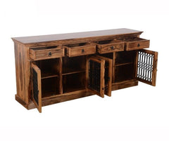 Indian Solid Wood TV Unit With Glass Jali Doors Natural 180 x 45 x 60 Cm