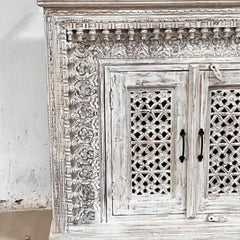 Indian Handmade Carved Solid Hard Wood 3 Doors Sideboard Greywash 150x40x100Cm