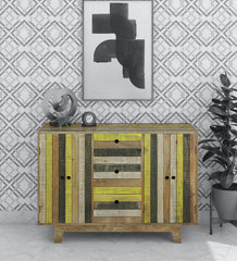 Rainbow Handmade Carved Solid Wood Sideboard in Multicolor