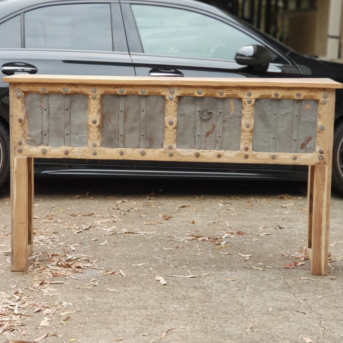 Handmade Carved Reclaimed Old Wood Console Table With Iron Fittings