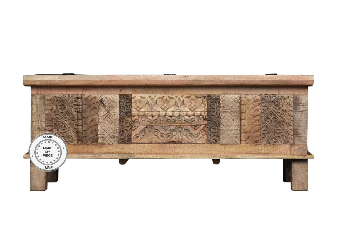 Indian Hand Carved Solid Wood Chest storage box Natural