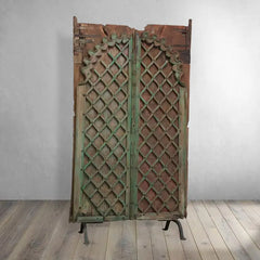 Handmade Antique Hand Carved Decorative Door Iron Work On Stand Green