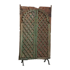 Handmade Antique Hand Carved Decorative Door Iron Work On Stand Green