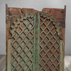 Handmade Antique Hand Carved Decorative Door Iron Work On Stand Green