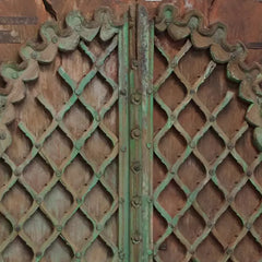 Handmade Antique Hand Carved Decorative Door Iron Work On Stand Green