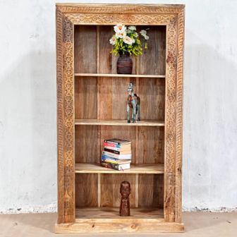 Indian Handmade Carved Solid Hard Wood Bookshelf Natural 100x40x180Cm