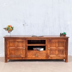 Indian Handmade Carved Solid Hard Wood Tv Unit with Drawers Brown 150x42x60Cm