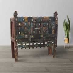 Rajasthan Vintage Hand carved Furniture Antique Old Wood Damchiya in Multicolor