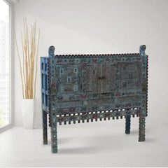 Antique Handmade Indian Vintage Solid Hard Wood Sideboard Damchiya Blue