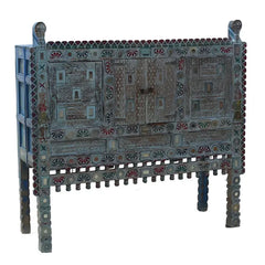 Antique Handmade Indian Vintage Solid Hard Wood Sideboard Damchiya Blue