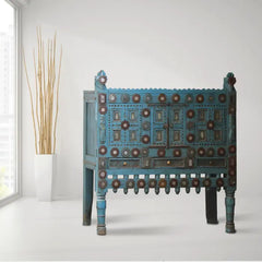 Rajasthan Vintage Hand carved Furniture Antique Solid Wood Damchiya in Blue