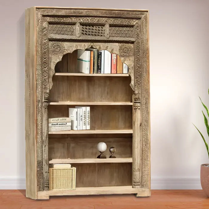 Heritage Heirlooms Handmade Carved Mehrab Style Bookshelf Bleached