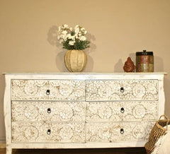 Pine Grove Handmade Carved Solid Mango Wood Chest of Drawers Distressed White