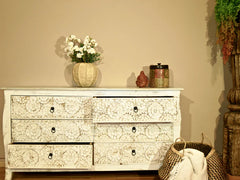 Pine Grove Handmade Carved Solid Mango Wood Chest of Drawers Distressed White