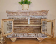 Pine Grove Handmade Reclaimed Wood Carved 2 Glass Doors Damchiya Sideboard