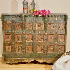 Antique Handmade Reclaimed Wood Carved Damchiya Mirror Work Sideboard Green