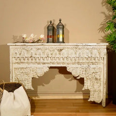 Pine Grove Handmade Solid Mango Wood Carved Console Hall Table Distressed White