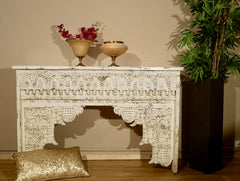 Pine Grove Handmade Solid Mango Wood Carved Console Hall Table Distressed White