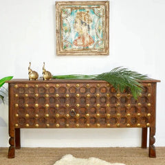 Pine Grove Antique Indian Doors Handmade Carved Console Hall Table With Brass Work