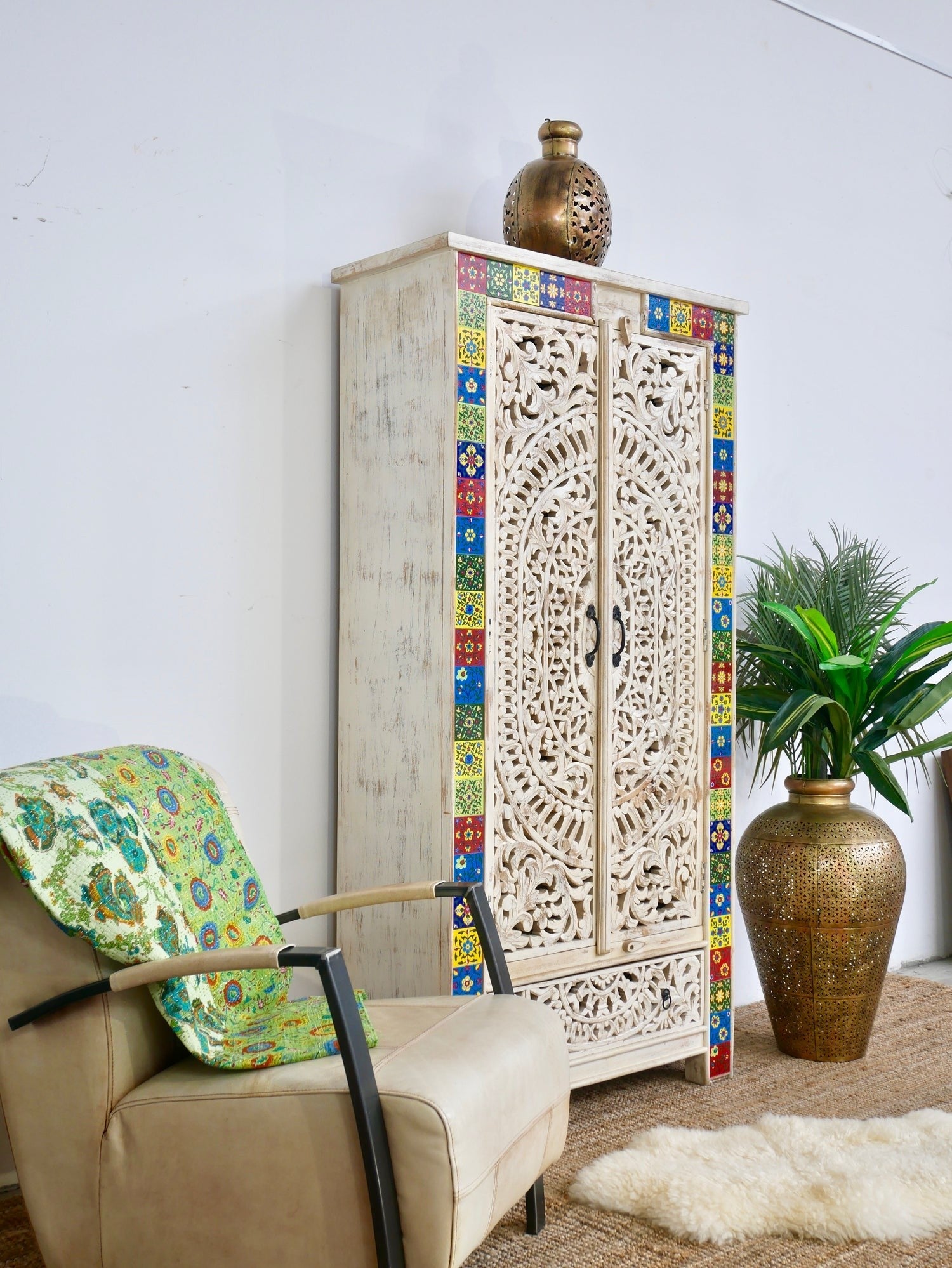 Kalah Solid Mango Wood Indian Hand Carved Tile Fitted Wardrobe Cabinet Almirah Pantry Painted V15  -  