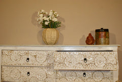 Pine Grove Handmade Carved Solid Mango Wood Chest of Drawers Distressed White