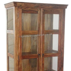 Takat Metal Jali Natural Solid Wood Glass Jali Display Cabinet