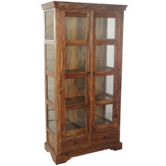 Takat Metal Jali Natural Solid Wood Glass Jali Display Cabinet