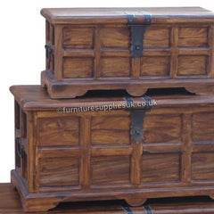 Takat Metal Jali Natural Solid Wood Storage Chests (Set of 3)
