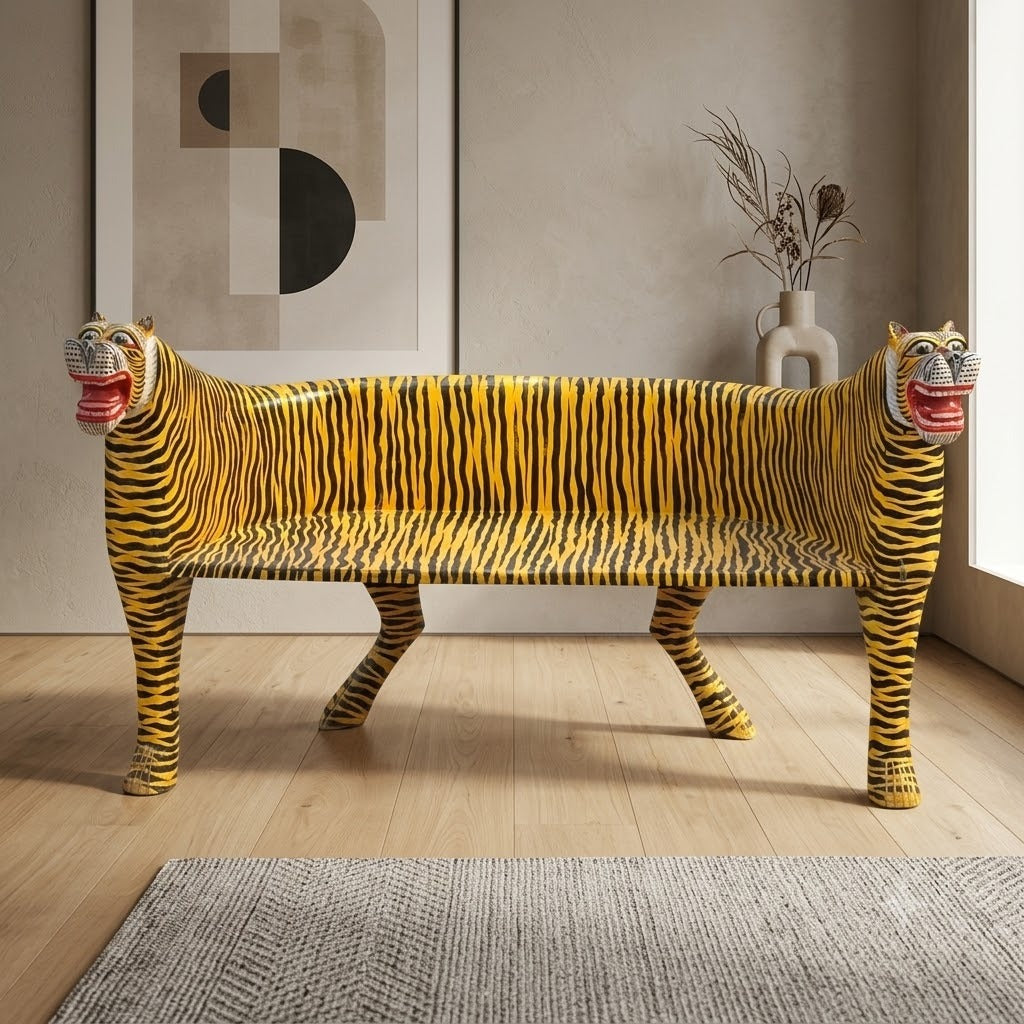Hand-painted Indian tiger bench in solid wood with yellow and black detailing