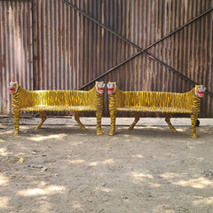 Hand-painted Indian tiger bench in solid wood with yellow and black detailing