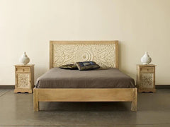 Handcarved Solid Wood Indian King Size Bed White