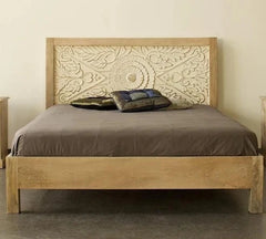 Handcarved Solid Wood Indian King Size Bed White
