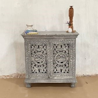 Indian Handmade Carved Solid Hard Wood 2 Door Cabinet Greywash 90x40x90Cm