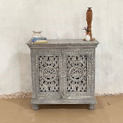 Indian Handmade Carved Solid Hard Wood 2 Door Cabinet Greywash 90x40x90Cm