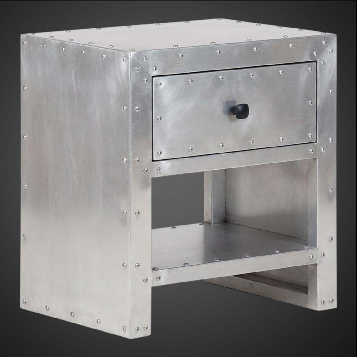 Aviator Nightstand with Drawer - Riveted Aluminum End Table - Industrial Spitfire Style Side Table with Storage Shelf - Metal Bedside Table