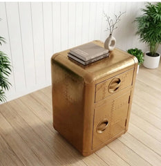 Aviator Nightstand - Riveted Brass Finish Side Table with Drawer - Vintage Aircraft Industrial Bedside Cabinet - Spitfire Luxury End Table