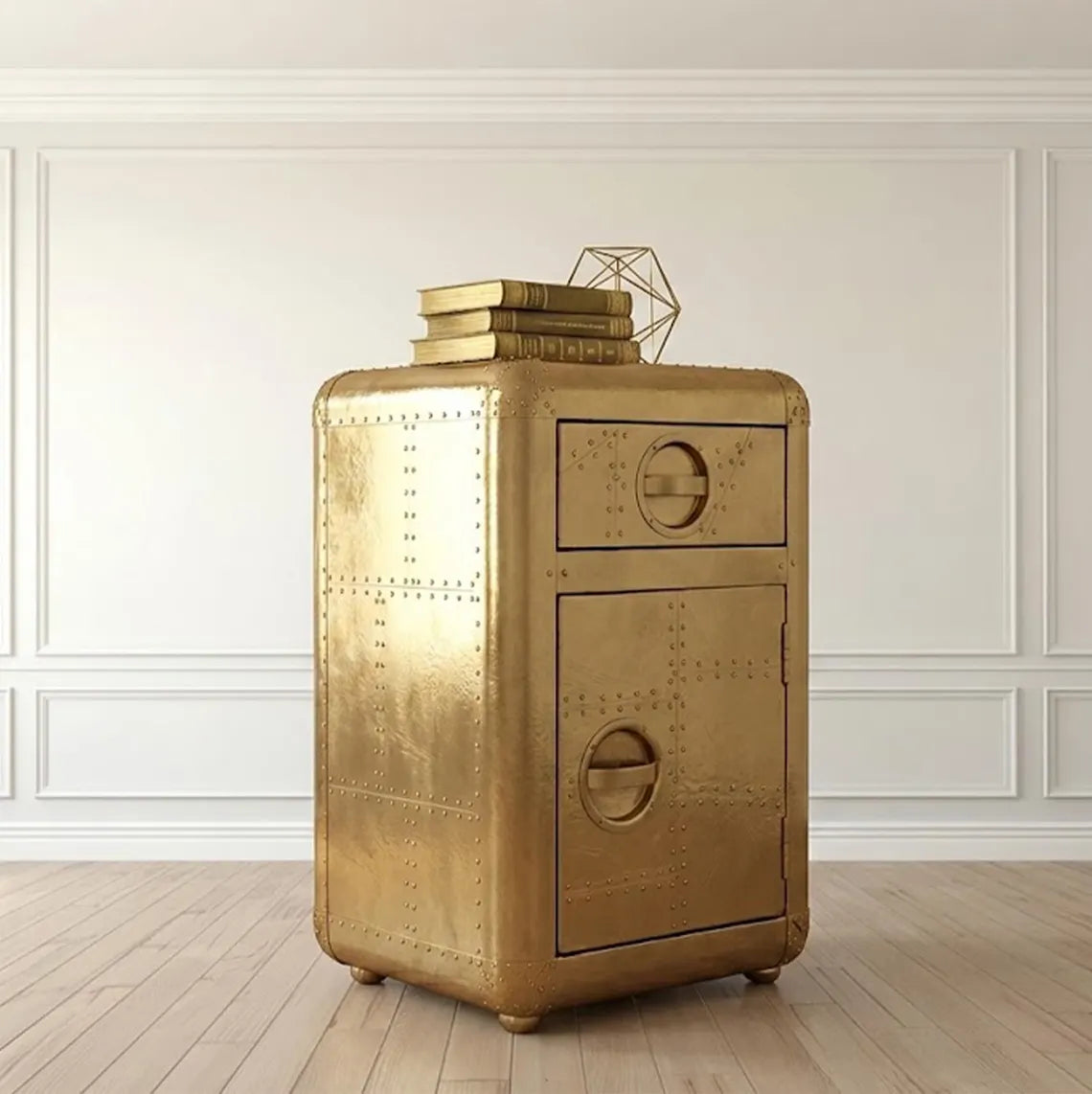 Aviator Nightstand - Riveted Brass Finish Side Table with Drawer - Vintage Aircraft Industrial Bedside Cabinet - Spitfire Luxury End Table
