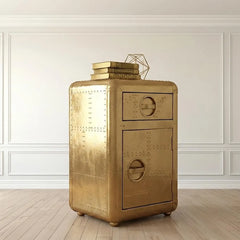 Aviator Nightstand - Riveted Brass Finish Side Table with Drawer - Vintage Aircraft Industrial Bedside Cabinet - Spitfire Luxury End Table