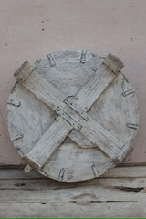 Reclaimed Wooden Handmade Round Chakki Grinder table in Whitewashed