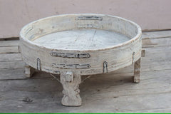 Reclaimed Wooden Handmade Round Chakki Grinder table in Whitewashed