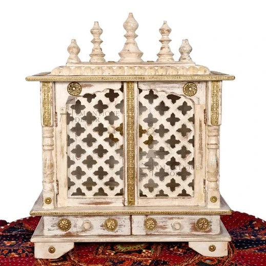 Small Handmade Sheesham Wood Home Temple Rustic White