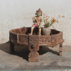 Handmade Solid Hard Wood Round Chakki Grinder table Brown