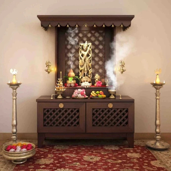 Medium Sized Handmade Sheesham Wood Home Temple In Brown