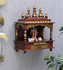 Small Handmade Sheesham Wood Home Temple With Brass Work