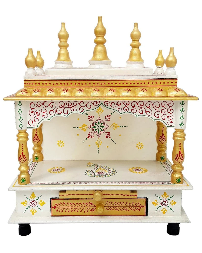 Small Handmade Sheesham Wood Home Temple With Brass Work