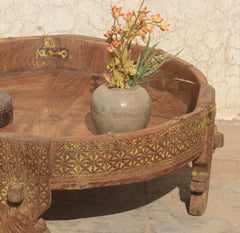 Carved Wooden Handmade Round Chakki Grinder table Brown