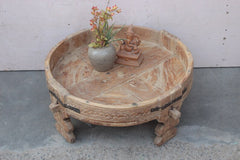 Handmade Solid Hard Wood Round Chakki Grinder table Rustic White