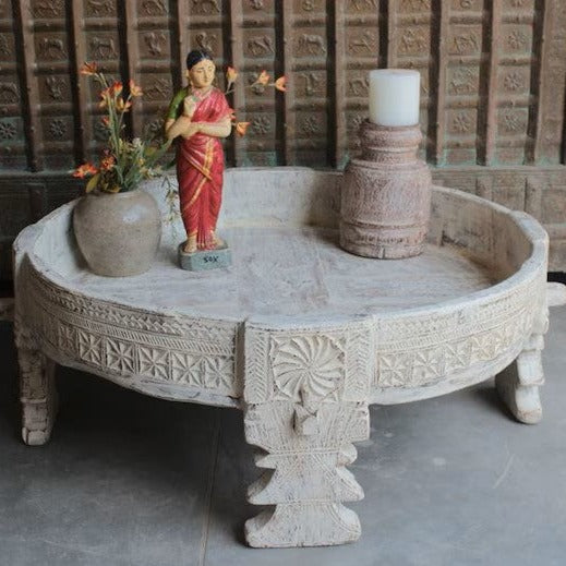 Carved Wooden Handmade Round Chakki Grinder table in All White