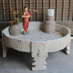 Carved Wooden Handmade Round Chakki Grinder table in All White