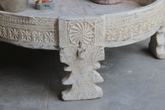 Carved Wooden Handmade Round Chakki Grinder table in All White